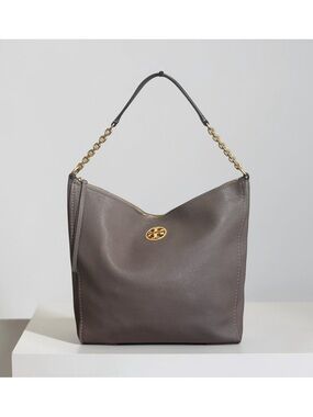 Tory Burch Taupe Grey Pebbled Leather Shoulder Hobo Bag with Gold Hardware